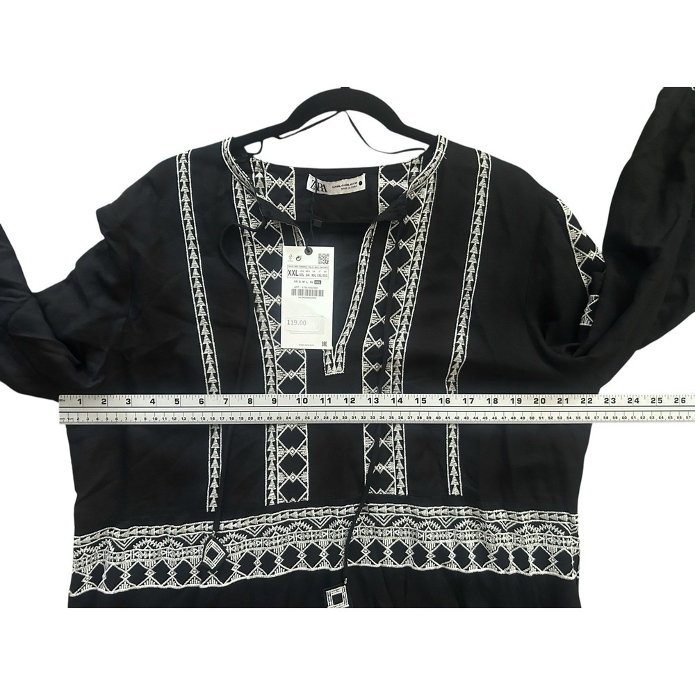 NEW Zara Midi Dress Black Embroidered Linen Blend Tiered Long Sleeve 2XL Boho - Picture 6 of 14